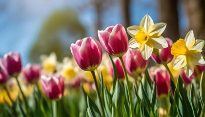Obraz premium Vibrant Field of Pink Tulips and Yellow Daffodils in Spring Bloom