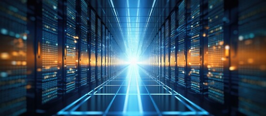 A computer server room in a parallel world, with electric blue light emanating from the ceiling. The engineering space is filled with symmetry, creating a mesmerizing pattern in the darkness