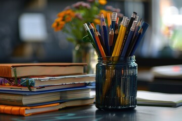 Books piled up on the table. Generate AI image