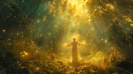 Foto op Plexiglas A serene forest landscape is bathed in soft golden light. Amidst the trees a figure stands with their arms outstretched connecting to the earth and tapping into its healing © Justlight