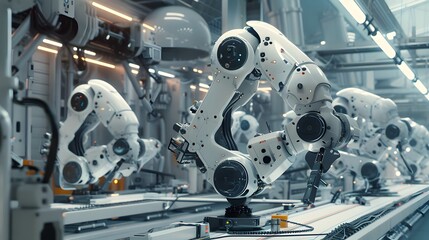 a high-tech robotics lab, with mechanized arms whirring, autonomous machines in various stages of assembly, and the promise of technological advancement tangible in the air - obrazy, fototapety, plakaty