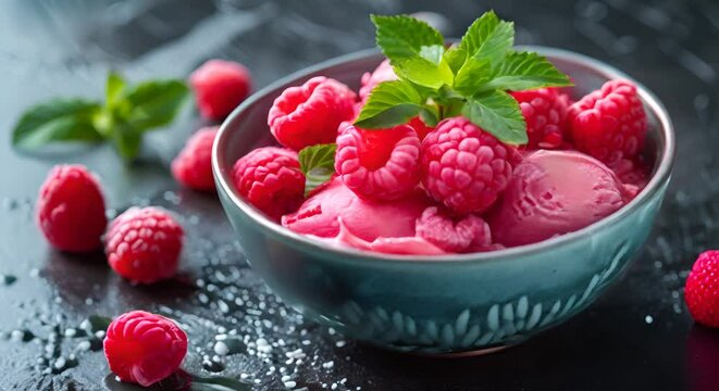 A bowl of raspberry sorbet with fresh raspberries and mint