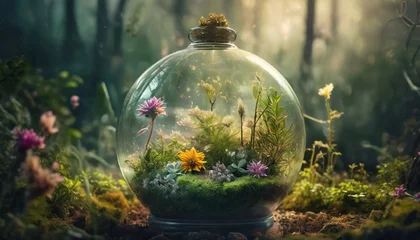 Fotobehang In a world teetering on the brink of destruction, there exists a glass bowl terrarium abundant with a multitude of flowering plants. Despite the chaos surrounding it, this miniature ecosystem thrives  © Nandu Katangaza