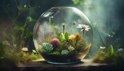 In a world teetering on the brink of destruction, there exists a glass bowl terrarium abundant with a multitude of flowering plants. Despite the chaos surrounding it, this miniature ecosystem thrives 