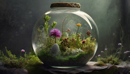 In a world teetering on the brink of destruction, there exists a glass bowl terrarium abundant with a multitude of flowering plants. Despite the chaos surrounding it, this miniature ecosystem thrives  - obrazy, fototapety, plakaty
