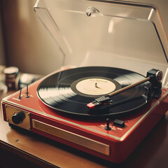 A vintage record player with a spinning vinyl.