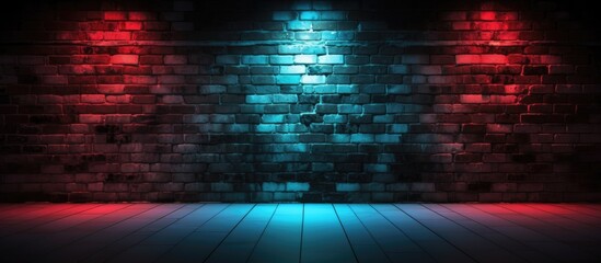 A dark room with a brick wall and wooden floor creates symmetry. An electric blue display device emits light in the darkness, revealing a magenta pattern. Gas and technology fill the space