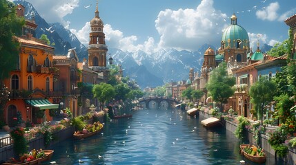a serene canal winding through a historic city, with ornate bridges and ancient buildings lining the waterfront, all depicted in stunning 16k ultra HD