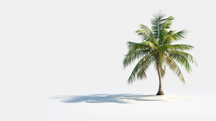 Obraz premium In a tropical oasis, a solitary coconut palm tree stretches its branches, creating a striking shadow on the ground. White background, copy space