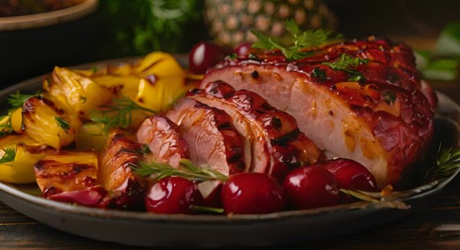 A plate of honey-glazed ham with pineapple and cherries