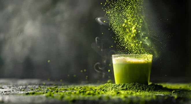 A cascade of vibrant green matcha powder over a steaming latte