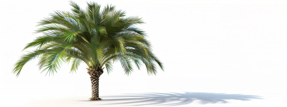 A serene date palm tree casts a graceful shadow, basking in the warm glow of the sun.. Isolated on white, copy space.