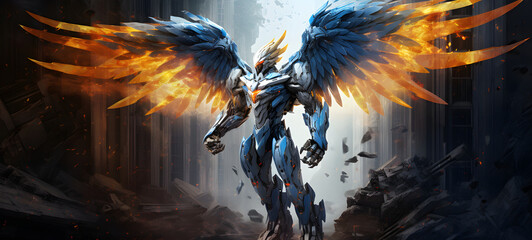 photograph of a Transformers robot white Phoenix adorned in celestial sun and moon, ai generative