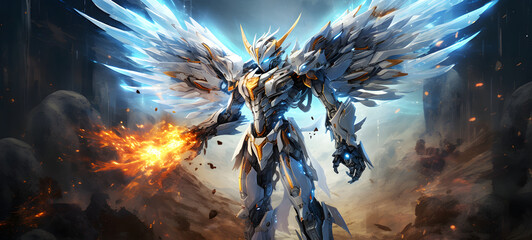 photograph of a Transformers robot white Phoenix adorned in celestial sun and moon, ai generative