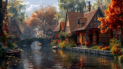 a winding canal winding through a quaint European village, with charming stone bridges and colorful...
