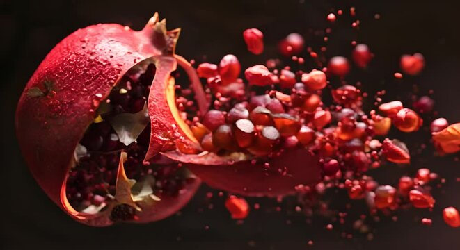 A juicy pomegranate being opened, with seeds bursting out