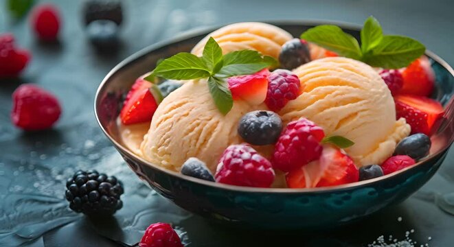 A bowl of artisanal gelato with fresh fruit and mint leaves