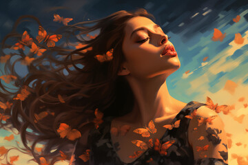 Malerei wunderschöne braunhaarige Frau, Schmetterlinge liegen aus den Haaren