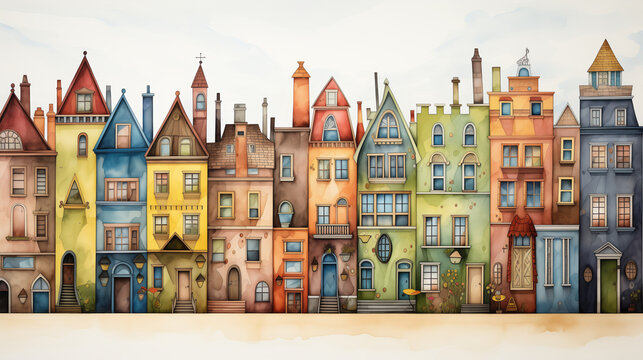 The watercolor illustration showcases a historic neighborhood, complete with colorful facades, narrow streets, and architectural details evoking bygone eras.