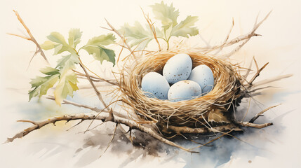 Obraz premium Amidst vibrant spring foliage, the digital watercolor illustration depicts a nest with three bird eggs, symbolizing new life.