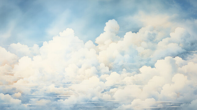 The watercolor illustration depicts a blue sky filled with fluffy white clouds.