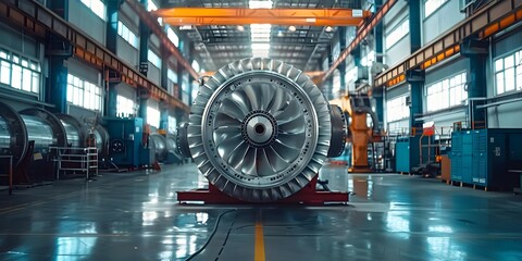 Repair and maintenance of a disassembled turbine in an energy power generation station's turbine shop. Concept Turbine Repair, Maintenance Procedures, Energy Generation, Disassembly Process - obrazy, fototapety, plakaty