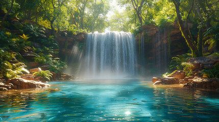 A vibrant World Water Day scene capturing a serene waterfall cascading into a tranquil pool....