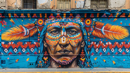 Vibrant mural of a native figure, artistic expression. Concept: Street art, cultural representation, urban creativity.
