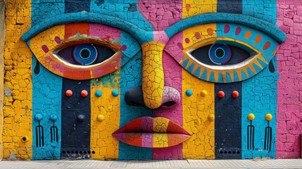 Colorful mural of abstract face, vibrant street art, reflects urban creativity and culture.