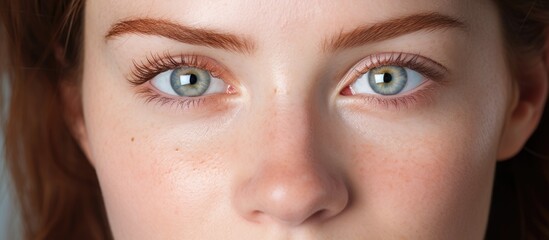 Fototapeta premium A closeup selfie of a womans face with electric blue eyes and jaw, red hair, and a captivating smile. Her detailed nose, long eyelashes, and green iris shine in the macro photography