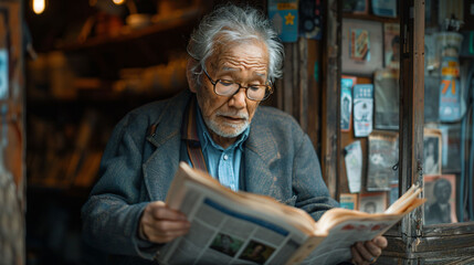 Elderly man reading a newspaper attentively in a library setting, surrounded by towering bookshelves.
