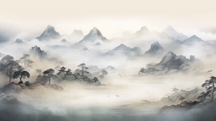 Obrazy na Plexi  Abstract beautiful traditional chinese or japanese temple house hill with river, cloudy and mountain scenery landscape watercolor painting wallpaper oriental background. Clouds, mountain, river