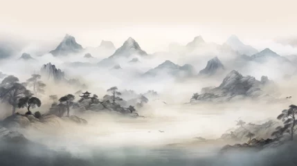Fototapeten Abstract beautiful traditional chinese or japanese temple house hill with river, cloudy and mountain scenery landscape watercolor painting wallpaper oriental background. Clouds, mountain, river © Pickoloh