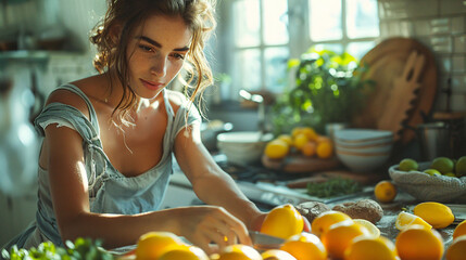 Woman slicing lemons in sunlit kitchen, embodies healthy lifestyle and fresh produce.