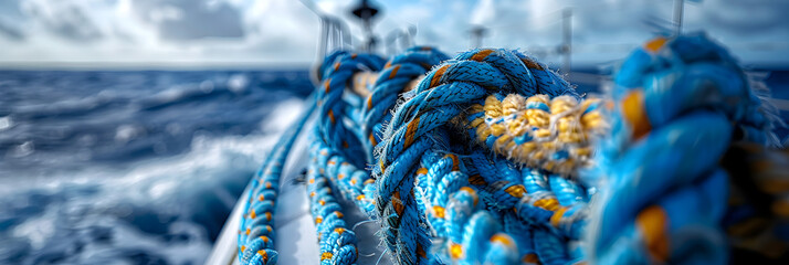 blue sky with clouds,
Ropes Wrapped Around a Winch on the Deck of a Ship - obrazy, fototapety, plakaty
