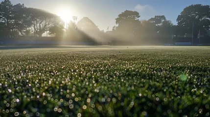 Foto op Plexiglas A dreamy misty morning at the cricket ground with dewdrops sparkling on the grass. © Justlight