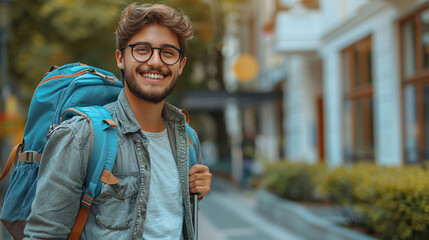 Smiling traveler with backpack, urban setting, suggests wanderlust and joy.

