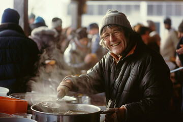 Senior with a warm smile stirring a large pot, embodying community service and togetherness.
