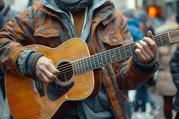 A street musician plays guitar, sharing tunes with city dwellers.