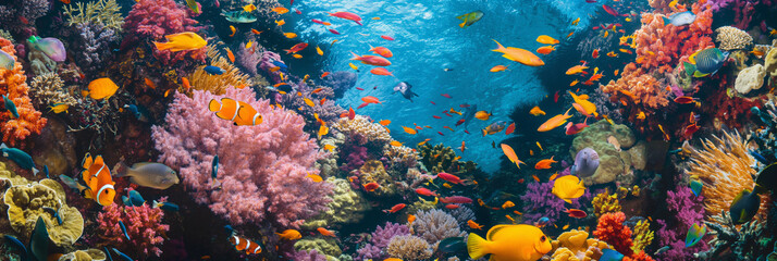 A vivid snapshot of a bustling coral ecosystem, alive with colorful marine life - obrazy, fototapety, plakaty