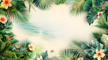 Fototapeta na wymiar Sommer Foto Rahmen, Tropische Blumen und Pflanzen, Urlaub im Paradies