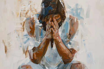 Despondent figure with hands clasped, abstract painting, portrays sorrow and hope.