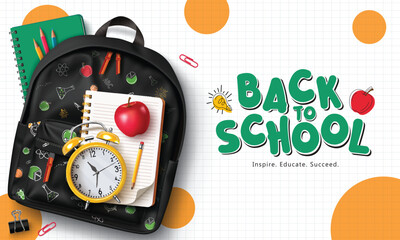 Back to school vector design. Back to school greeting text with fashionable black backpack, notebook, alarm clock and pencil elements for educational learning background. Vector illustration school 