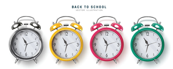 Back to school clock vector set design. Back to school with office alarm clock in silver, yellow and pink color isolated in white background. Vector illustration school alarm clock collection.
