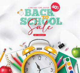 Back to school sale text vector banner design. Back to school limited time offer with alarm clock, color pencil and notebook elements for shopping promo discount flyers background. Vector illustration