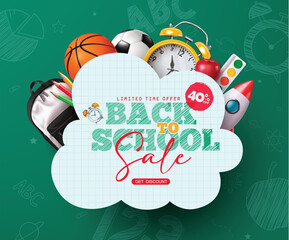 Back to school sale vector banner design. Back to school limited time offer text in paper space with educational elements and supplies for shopping promo template. Vector illustration school sale 