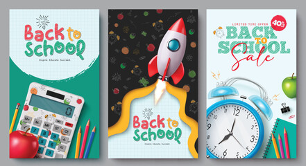 Back to school text vector poster set. Back to school greeting and sale educational lay out collection with education supplies, items, materials and elements for flyers and brochure template. Vector 