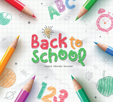 Back to school text vector template design. School back greeting in grid paper space with color pencil art elements for educational background. Vector illustration school greeting template. 
