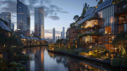 Tranquil urban canal scene at dusk with modern architecture, blending natural beauty with...