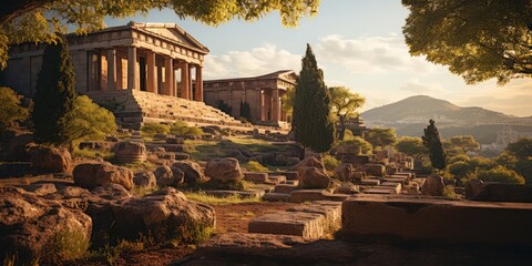 Ancient Greek Temple on Hillside With Trees and Flowers Generative AI - obrazy, fototapety, plakaty